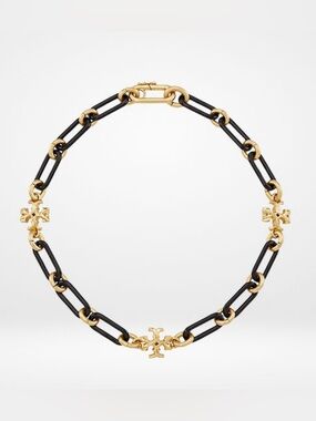 Tory Burch Black Gold Oval Link Chain Necklace Metal Hook Closure